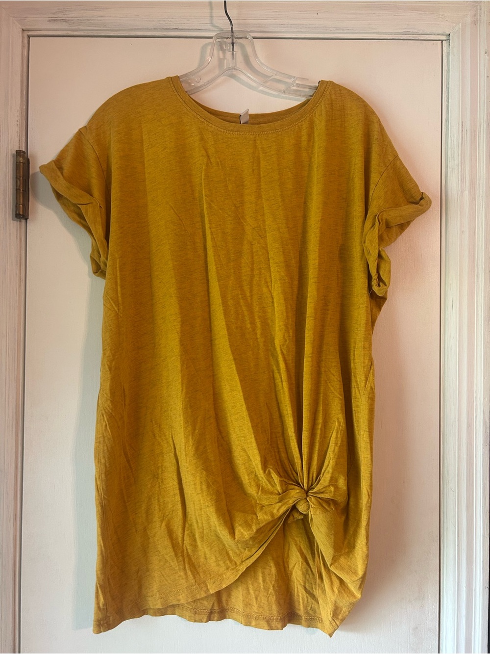 Divided Yellow-Mustard Short Sleeve Tunic with Front Twist